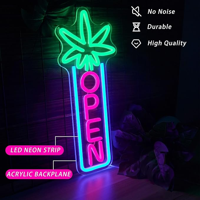 Green Leaf Neon Sign Dimmable Open Neon Lights for Wall Decor LED Neon Sign by USB Powered LED Neon Open Sign For Dispensary Beer Bar Man Cave Coffee Store Hotel Wall Party Decorations 16.8''x7''-HomvellaHome