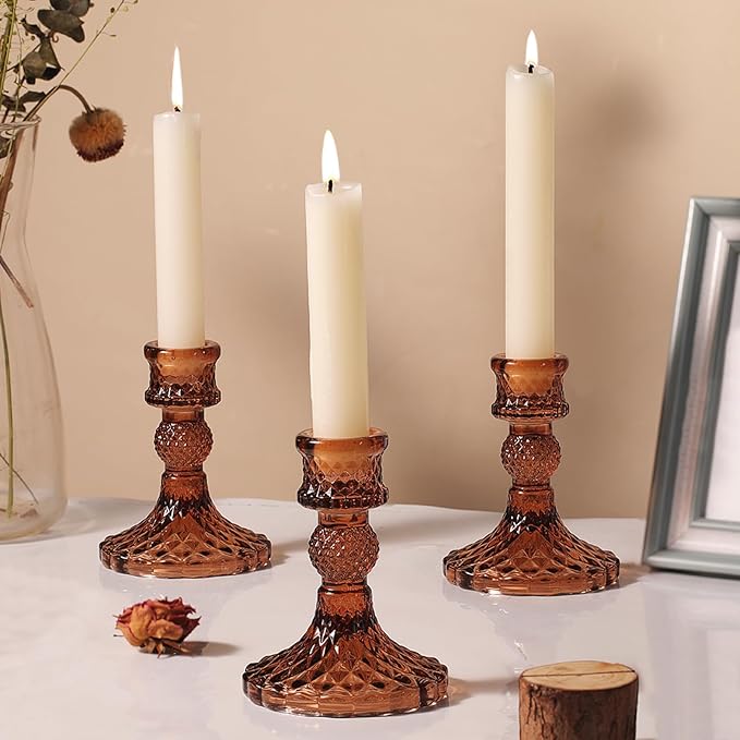 12Pcs Amber Candlestick Holders Set- 4" H Taper Candle Holders Bulk, Glass Candle Holders for Wedding, Party, Fall Dinner Table Centerpieces, Festival Gifts & Windowsill Decor-HomvellaHome
