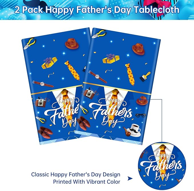 2 Pack Fathers Day Tablecloth - Happy Father's Day Table Cloth, Plastic Disposable Rectangle Blue Father Day Table Cover for Fathers Day Decorations Party Decor Supplies Favors,108 x 54 Inch-HomvellaHome