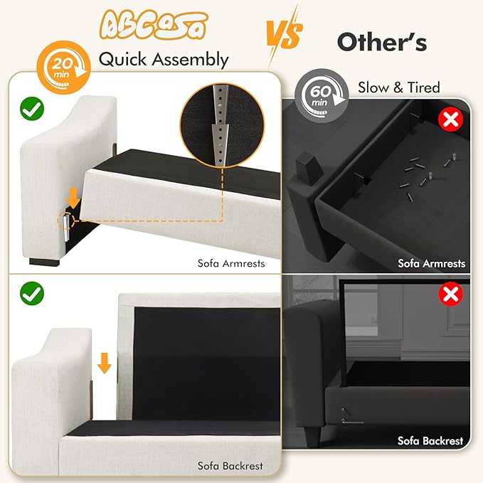 112" Modular Sectional Sofa, Large 7 Seater L Shaped Couch with Detachable Sofa Cover, Movable Ottoman, Deep Seat Corner Couch for Living Room, Apartment - Linen Fabric, Ivory-HomvellaHome