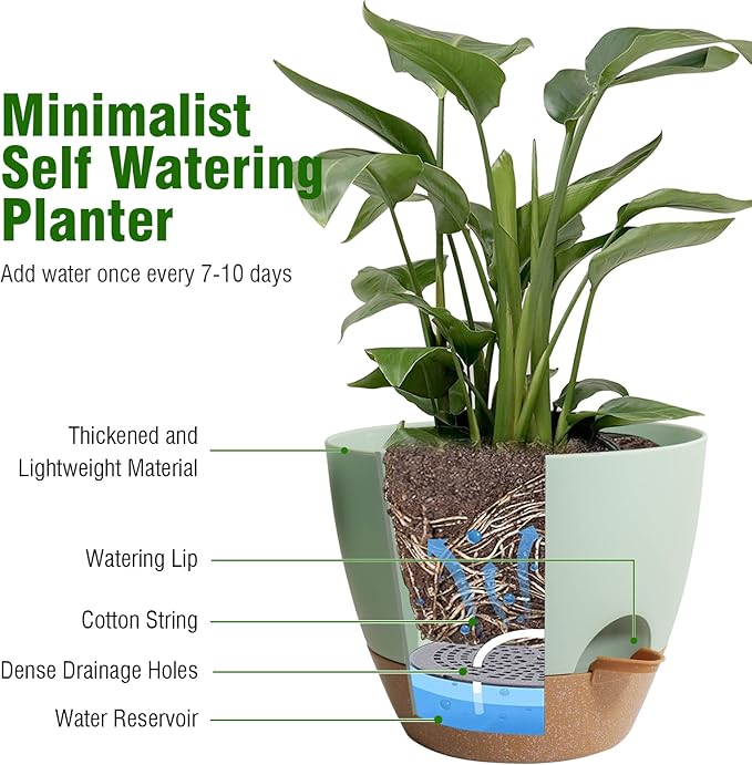 10/9/8 inch Self Watering Pots, Planter, Plant Pots with Mesh Drainage Holes for Indoor Outdoor Garden Plants, Plastic Flower Pots with Deep Reservoir for House Plants, Green with Brown-HomvellaHome