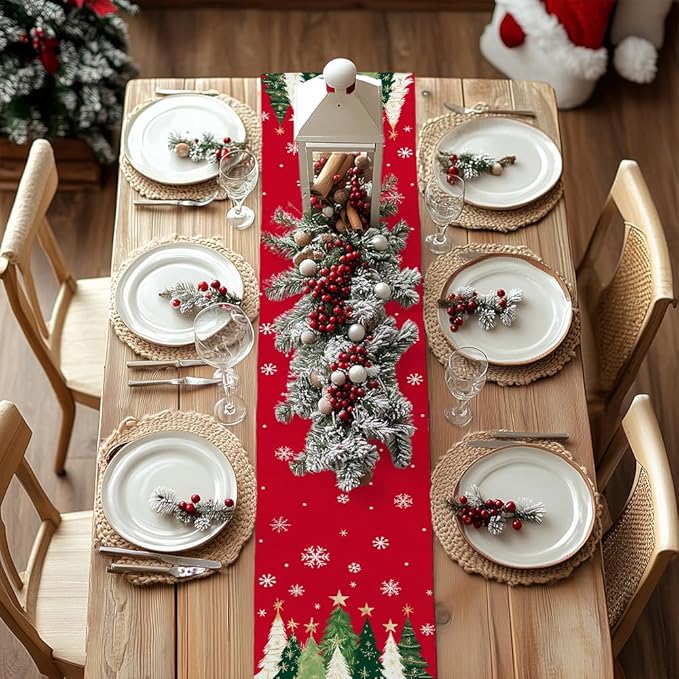 GEEORY Christmas Table Runner 13x48 Inch, Xmas Trees Snowflakes Holiday Decorative Farmhouse Table Decoration for Kitchen Dinning, Indoor Outdoor Dinner Party Decor (Red) GT150-48-HomvellaHome