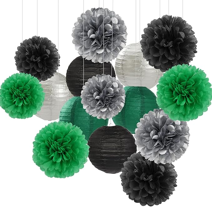 Green-Black Silver Party-Decorations Paper Flowers Lanterns - 15PCS Football Game Day Birthday Tissue Pom Poms Streamers, Bachelorette New Years Hanging Supplies Decor Hugfond-HomvellaHome