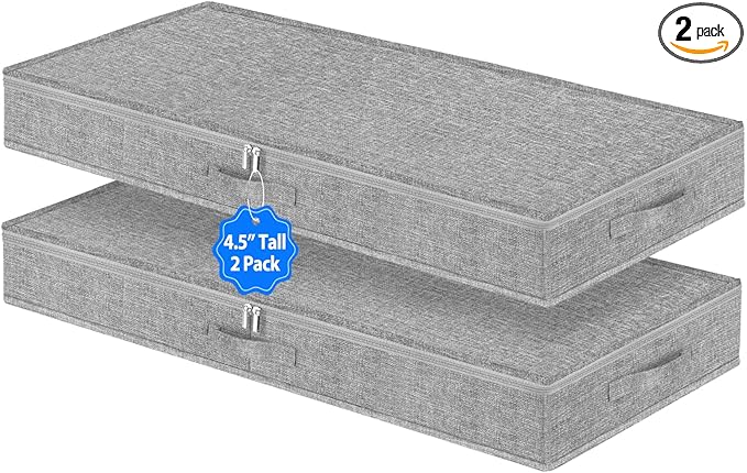 2 Pack Low Profile Under Bed Storage Containers 4.5 Inch Height, Shallow Underbed Couch Storage Organizer With Sturdy Sidewalls/Bottom, Thin Underbed Storage Bins For Clothes Dorm Dresser Sofa- Grey-HomvellaHome