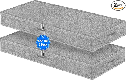 2 Pack Low Profile Under Bed Storage Containers 4.5 Inch Height, Shallow Underbed Couch Storage Organizer With Sturdy Sidewalls/Bottom, Thin Underbed Storage Bins For Clothes Dorm Dresser Sofa- Grey-HomvellaHome