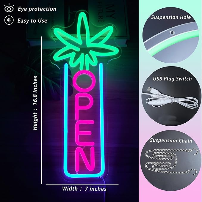 Green Leaf Neon Sign Dimmable Open Neon Lights for Wall Decor LED Neon Sign by USB Powered LED Neon Open Sign For Dispensary Beer Bar Man Cave Coffee Store Hotel Wall Party Decorations 16.8''x7''-HomvellaHome