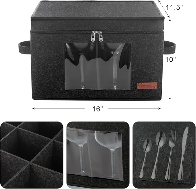 2 Pack Wine Glass Storage Box with Dividers, Stemware Storage Containers for Packing and Moving, China Storage Containers Box for 12 Crystal Glassware, Wine Glasses, Drinkware,Dark Gray-HomvellaHome