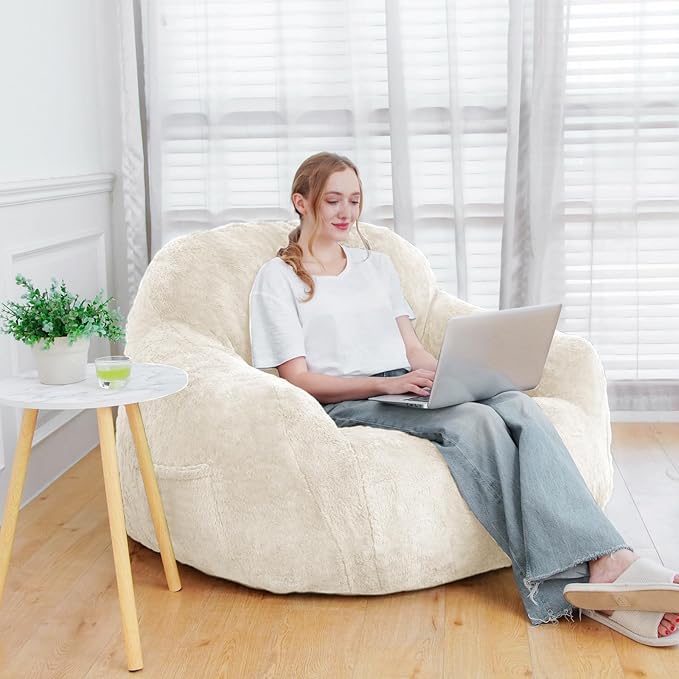 Giant Bean Bag Chair, Oversized Bean Bag Chairs for Adults and Kids, Gaming Chair Stuffed Memory Foam | Storage | Non-Slip, Removable Bean Bag Sofa Comfy Chair for Bedroom, Livingroom (Beige)-HomvellaHome