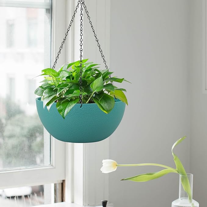 10 inch Hanging Planters for Outdoor Indoor Plants with Drainage Holes and Chain, 2 Pack Round Hanging Flower Pots for Garden Home Porch Decor, Blue Green-HomvellaHome