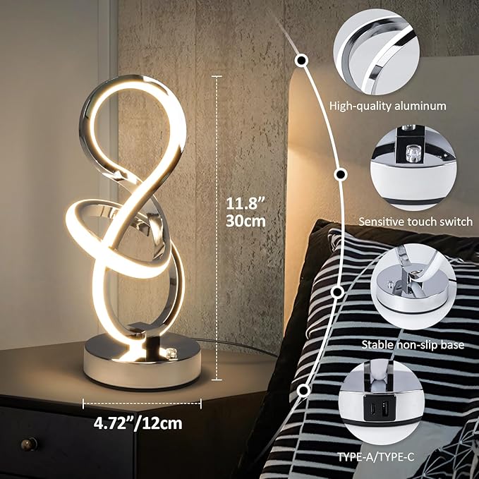 Modern Spiral Table Lamp, 7 Colors 10 Light Modes LED Nightstand Small Lamp with USB C+A Ports, Touch Dimmable Lamps for Living Room Bedroom Bedside, Unique & Cool Lamps,Silver-HomvellaHome