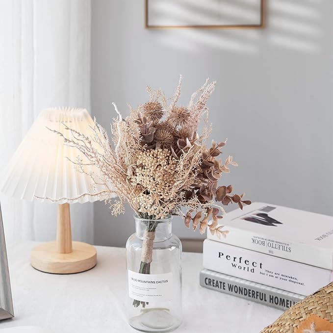 2 Pack Boho Artificial Flowers Plants Bouquet Decoration 13.8inch, Fake Plastic Brown Eucalyptus and Beige Grasses, Faux Floral Arrangement for Wedding Centerpieces Party Home Fall Decor-HomvellaHome