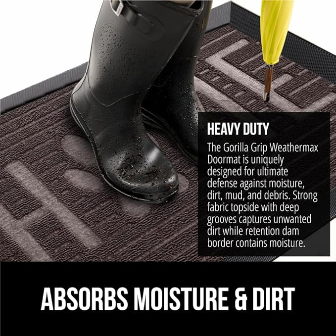GORILLA GRIP 100% Waterproof All-Season WeatherMax Doormat, 47x35, US Designed Natural Rubber, Stain and Fade Resistant, Low Profile Indoor Outdoor Door Mats, Easy Clean Patio Mat, Espresso Home Paw-HomvellaHome