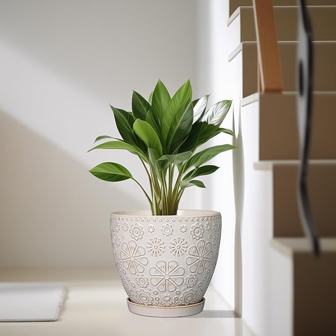 10 Inch Ceramic Planter Pot Large Plant Pot for Indoor Plants Outdoor Round Flower Pot with Drainage Hole and Saucer for Home Garden Decor White-HomvellaHome