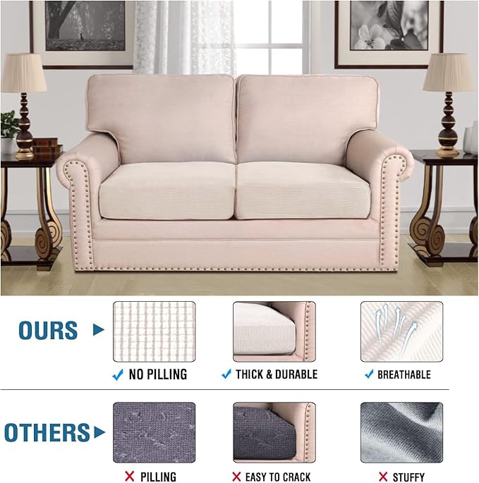 H.VERSAILTEX Super Stretch Individual Seat Cushion Covers Sofa Covers Couch Cushion Covers Slipcover Sets Thick Jacquard Textured Twill Fabric (2 Piece Medium Sofa Cushion Covers, Ivory)-HomvellaHome