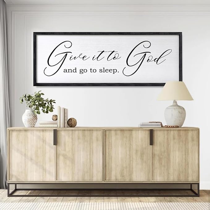 Give It To God And Go To Sleep Sign Wall Decor 40x15 Inch Large Farmhouse Master Bedroom Above Bed Hanging Wall Art Rustic Guest Room Wood Framed Over Bed Wall Decoration (Black)-HomvellaHome