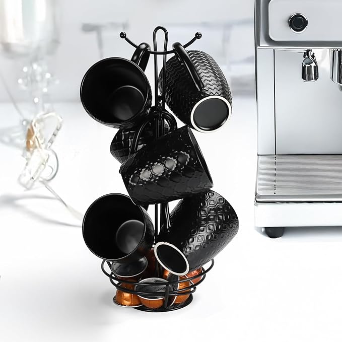 16 OZ Bone Coffee Mugs Set of 6 Matte Black, Large Ceramic Coffee Mugs Set with Different Texture Patterns, Porcelain Cups with Handle for Espresso Latte Tea Milk-HomvellaHome