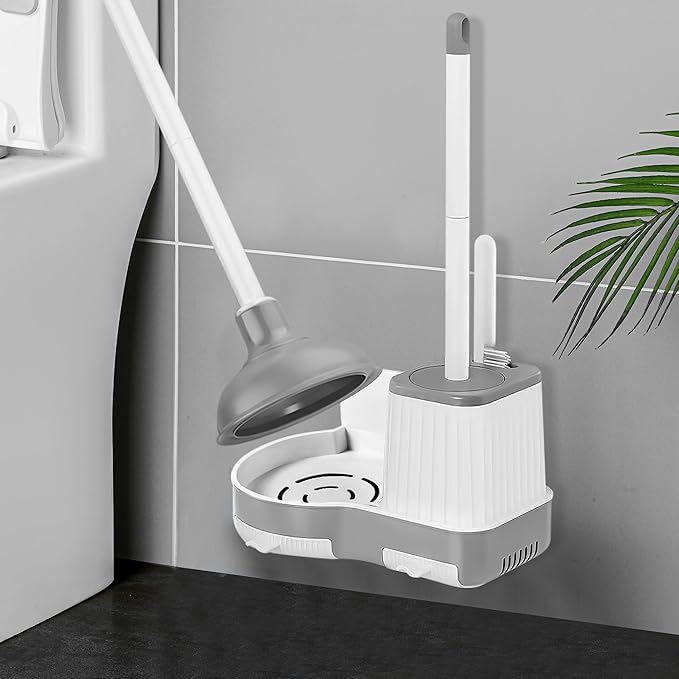 2 Pack Toilet Brush and Plunger Set, 3 in 1 Toilet Bowl Brush and Holder with Crevice Cleaning Brush Wall Mounted Household Bathroom Cleaning Tools Combo(2)-HomvellaHome