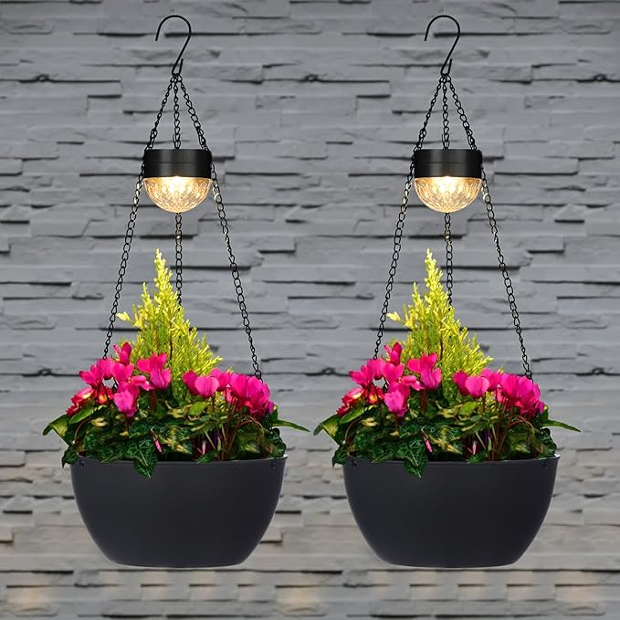 2 Packs Solar Hanging Basket Planters for Plants Outdoor, Self Watering Black Flower Plants Pots with Solar Light Drainer for Balcony Patio Garden Outdoor Decoration-HomvellaHome