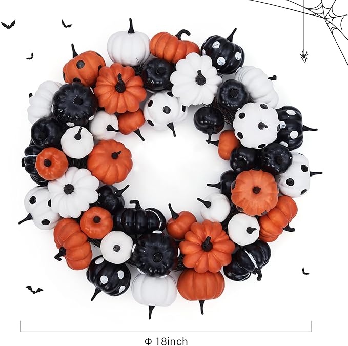 GarveeHome Halloween Pumpkin Wreath for Front Door, 18 Inch Fall Farmhouse Wreath with Orange, Black and White Pumpkins, Rattan Bottom Halloween Indoor Outdoor Home Party Decor-HomvellaHome