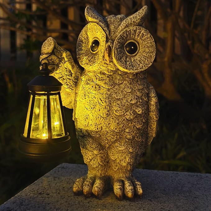 Garden Statues, owl Outdoor Figurines Decorated with Solar Lights, Unique Christmas Birthday Gifts for Moms, Grandmas, Women, Wives, Sisters (Grey Owl1)-HomvellaHome