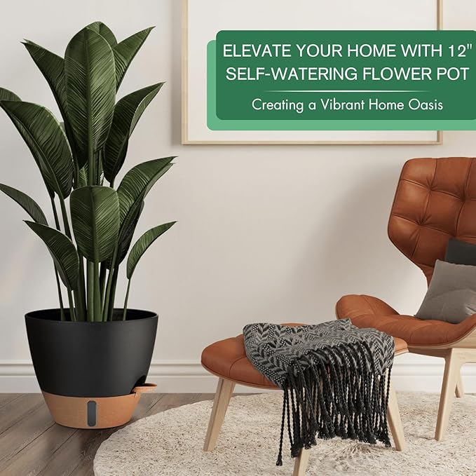 12/10/8 Inch Self Watering Pots for Indoor Plants Plastic Large Plant Pot for Outdoor Plants, Water Level Window & Spacious Reservoir Flower Pots Decorative Planter with Drainage and Tray (Black)-HomvellaHome