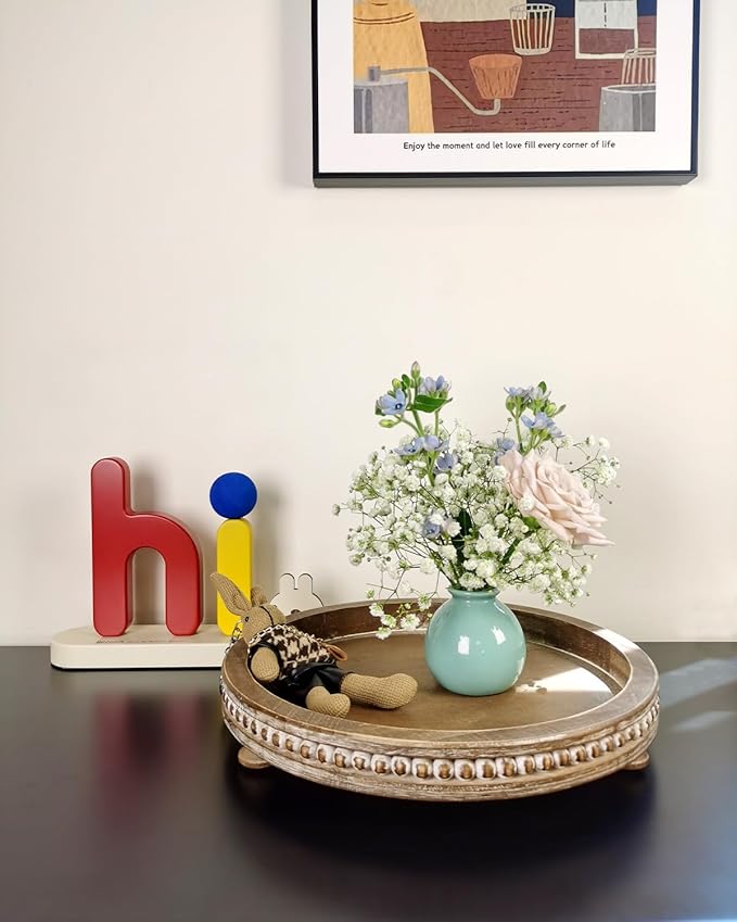 12 Inches Rustic Wooden Decorative Tray, Small Round Beaded Wood Tray for Kitchen Dinning Table Centerpiece Decor Entryway Living Room Home Decor, Brown-HomvellaHome