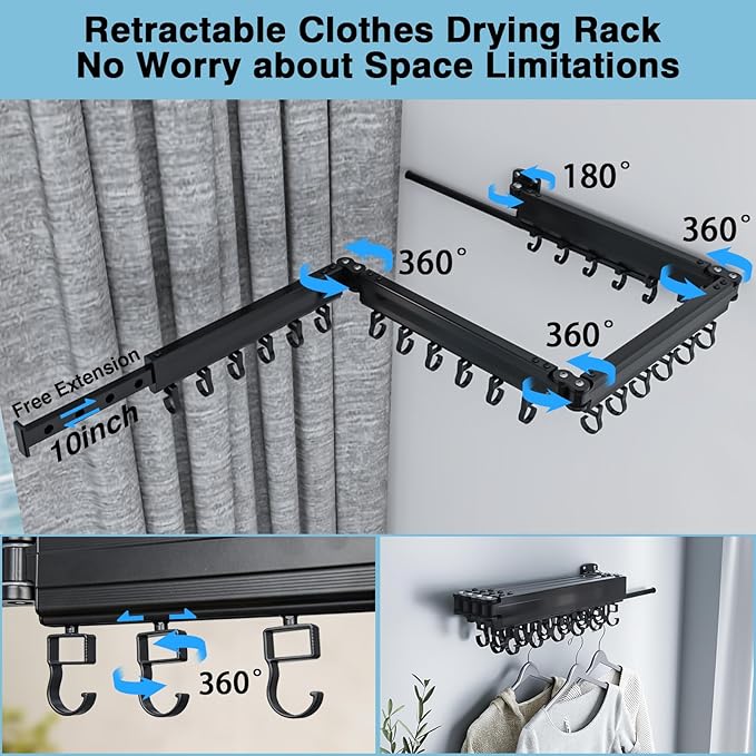 Gezen Clothes Drying Rack, Wall Mounted Drying Rack Clothing Retractable, Foldable Clothes Hanger Rack with 24 Hooks for Laundry Room Organization and Storage, Space Saving, Collapsible, Quad-Fold-HomvellaHome
