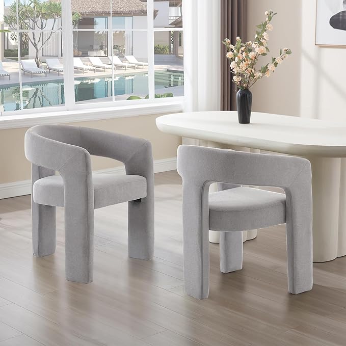 Grey Chenille Dining Chairs Set of 2, Modern Barrel Dining Room Chairs Upholstered Faux Fur Accent Chair with Arms and Round Back for Living Room Kitchen Armchair No Assembly Needed-HomvellaHome
