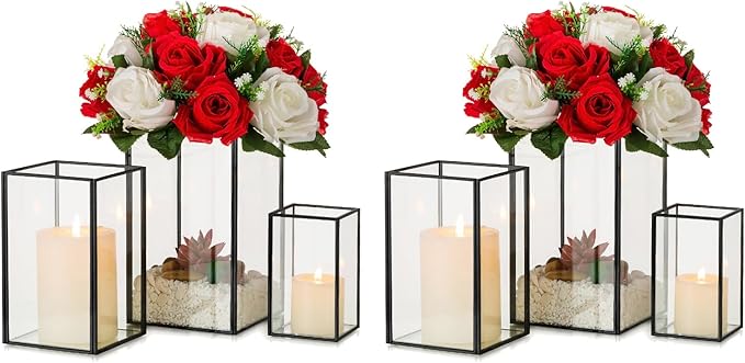 Glass Hurricane Candle Holder Large - Hewory 6pcs Black Rectangle Flower Holders Centerpiece for Table, Tall Floor Square Pillar Candle Lantern for Wedding, Anniversary, Party, Fireplace, Dining Room-HomvellaHome