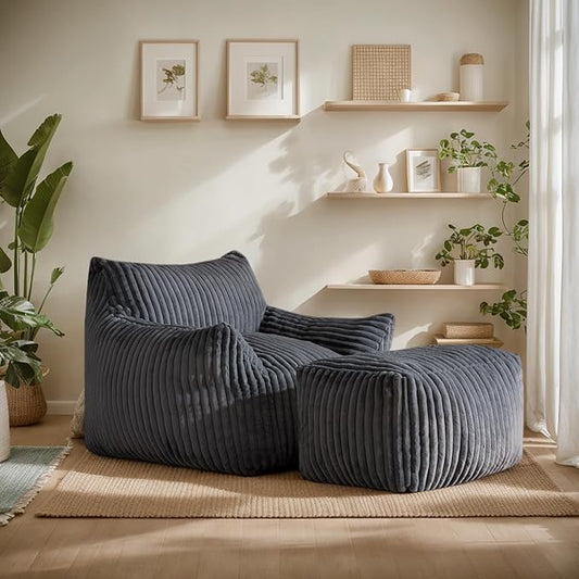 Giant Bean Bag Chairs for Adults, Oversized Chaise Lounge Chair Indoor with Memory Foam - Plush Boneless Lounger & Ottoman for Bedroom, Living Room, Gaming & Reading, Lazy Floor Sofa Chair, Gray-HomvellaHome