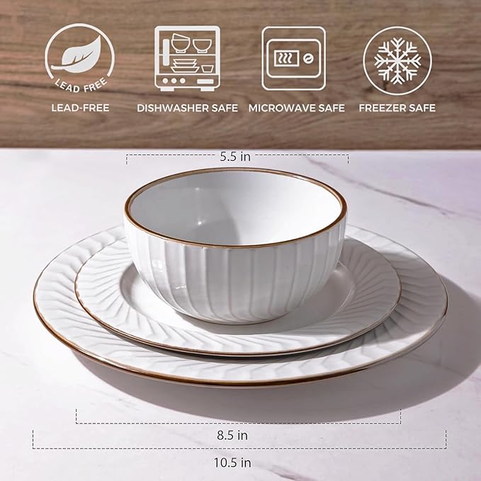 GBHOME Ceramic Dinnerware Sets,12 pcs Embossed Elegant Stoneware Plates and Bowls Sets, Housewarming Wedding Gift | Dishwasher & Microwave Safe | Dishes Set Service for 4-HomvellaHome