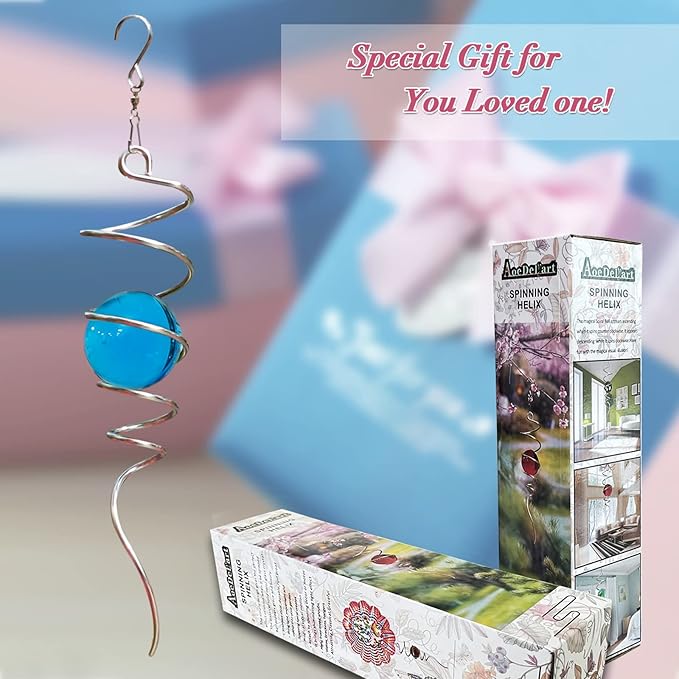 Gazing Ball Spiral Decorative Wind Spinner Tail with Blue Glass Orb,Wind Spinner Spiral Stabilizer,Hanging Visual Illusion in Spinning Yard Art Decor,Indoor Outdoor Garden Decoration-13 in-HomvellaHome