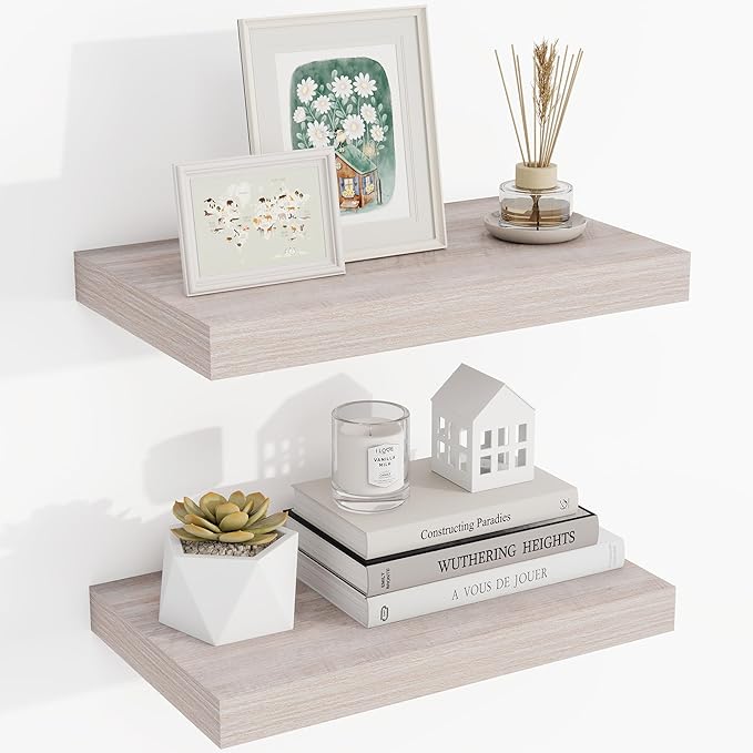 16 Inch Floating Shelves, 3D Textured Wood Grain, 16"x9.25"x1.5" Inch Deep Floating Shelves for Wall, Wooden Shelves for Bathroom, Bedroom, Living Room, Washed White-HomvellaHome