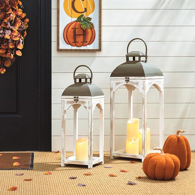 Glitzhome Set of 2 Mondern Farmhouse Wood Metal Lanterns Decorative Candle Lanterns, White (No Glass)-HomvellaHome