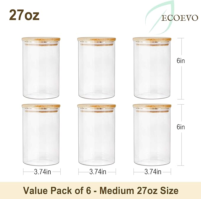 Glass Jars with Bamboo Lids (27oz in 6 Pack), Glass Food Jars and Canisters Sets, Food Storage Container with Airtight Lids, Food Pantry Jars,-HomvellaHome