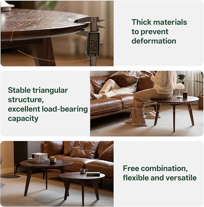 100% Solid Oak Wood Mini Coffee Table, Round Living Room Table Side Table w/Solid Wood Legs, Walnut Mid Century Sturdy Tables for Bedroom Balcony Living Room (23.62" D x 13.78" H)-HomvellaHome