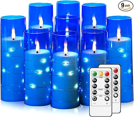 Flickering Flameless LED Candles,Battery Operated Candles 9 Pcs with Embedded Star String,Acrylic LED Pillar Candles with Remote,Suitable for Home Decoration to Create an Atmosphere (Blue)