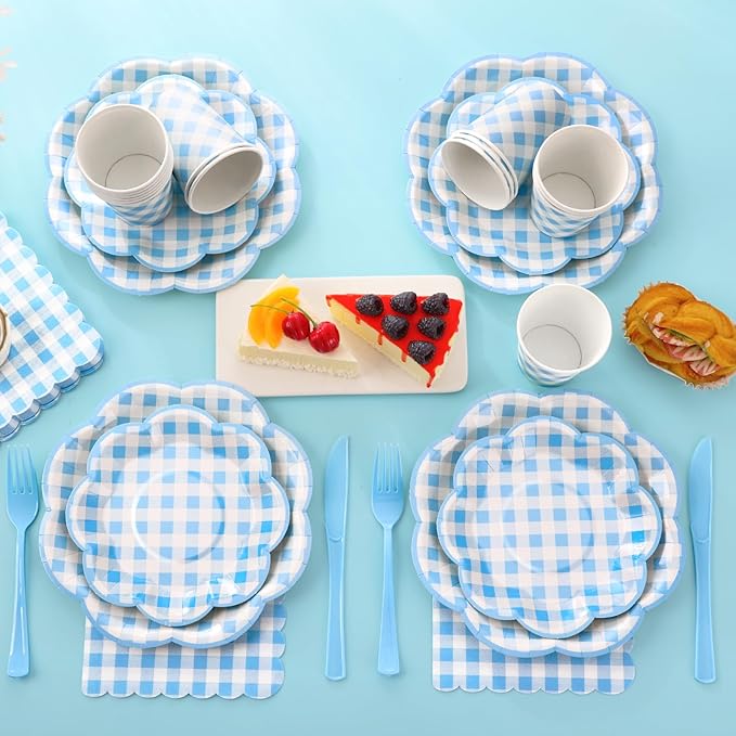 175 Pcs Blue Gingham Plates and Napkins Party Supplies - Blue and White Checkered Plates Sets Serve 25 Guests - Scalloped Gingham Paper Plate for Birthday Dinner Wedding Baby Shower Party Decorations-HomvellaHome