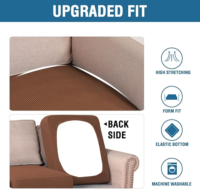 H.VERSAILTEX Super Stretch Individual Seat & Couch Cover Sets - Thick Jacquard Textured Twill Fabric (2 Piece Large Sofa Cushion Covers, Caramel)-HomvellaHome