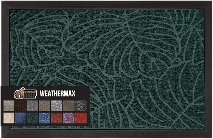 GORILLA GRIP 100% Waterproof All-Season WeatherMax Doormat, 60x24, US Designed Natural Rubber, Stain and Fade Resistant, Low Profile Indoor Outdoor Door Mats, Easy Clean Patio Mat, Green Palm-HomvellaHome