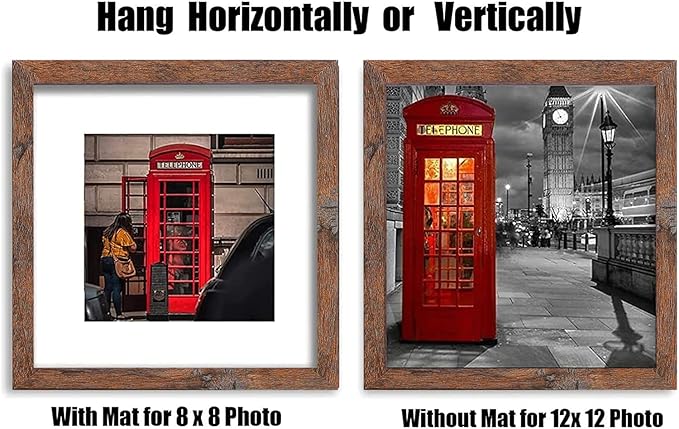 12x12 Picture Frame Set of 6, Display Pictures 8x8 with Mat or 12x12 Without Mat for Wall Mounting,Rustic Brown-HomvellaHome