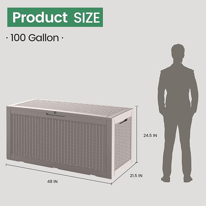 100 Gallon Storage Box, Waterproof Resin Deck Box with Hydraulic Piston Design, Lockable Storage Bench for Package Delivery, Storage Bin for Patio Cushions, Garden Tools, Grey-HomvellaHome