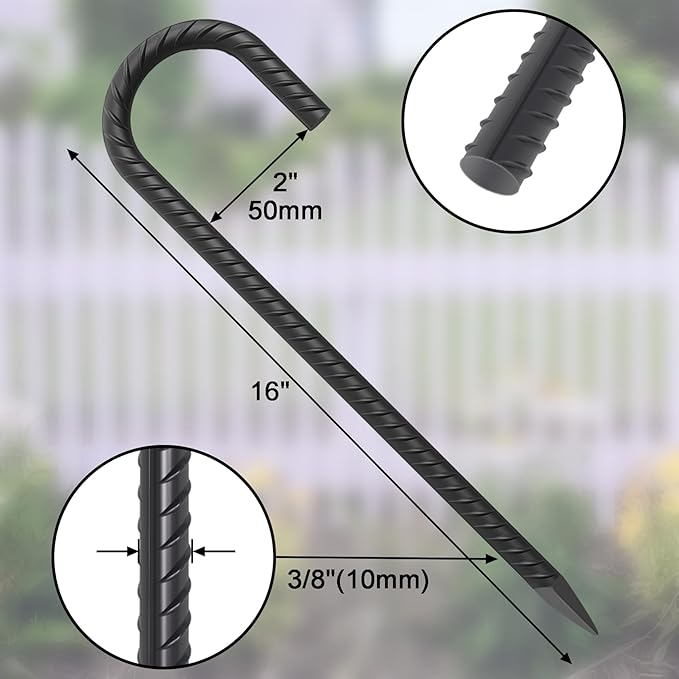 16 Inch Rebar Ground Stakes 24 Pack Heavy Duty J Hook Ground Anchors 3/8 Inch Diameter Steel Rebar Tent Stakes with Chisel Point End for Chain Link Fence, Canopy and Trampoline, Black-HomvellaHome