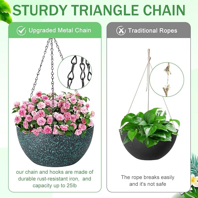 13 inch Hanging Planters for Indoor Plants, 2 Pack Planters for Outdoor Plants with Drainage Holes and Chain, Round Plastic Hanging Baskets, Hanging Flower Pots for Balcony Garden-Black Speckle-HomvellaHome