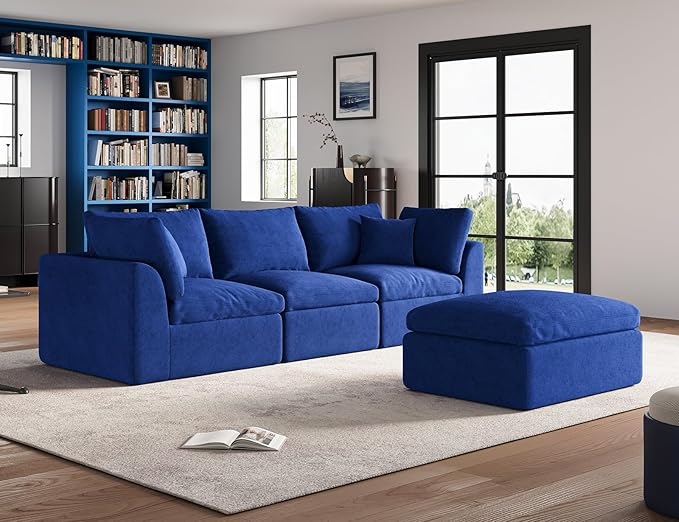 110" Cloud Sectional Couches for Living Room, Boneless L-Shape Couch with Ottoman, 3 Seater Modular Sectional Sofa, Blue-HomvellaHome