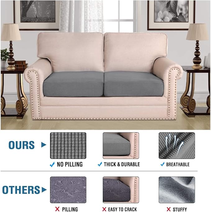 H.VERSAILTEX Super Stretch Individual Seat Cushion Covers Sofa Couch Slipcover Sets Thick Jacquard Textured Twill Fabric (2 Piece Medium Covers, Grey)-HomvellaHome