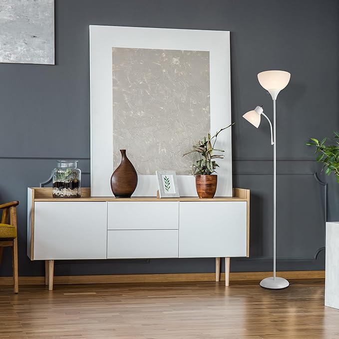 GLOBE Electric 67136 72" Torchiere Floor Lamp with Adjustable Reading Light, Matte White Finish, Frosted Shades, Rotary Switch on Socket, E26 Base-HomvellaHome