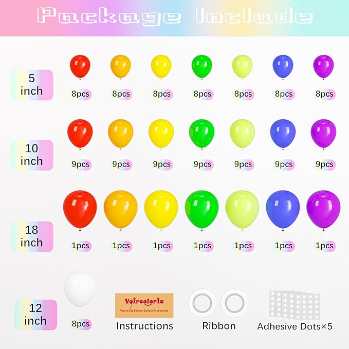 134pcs Rainbow Balloon Arch Kit Different Sizes 18" 12" 10" 5" Assorted Color Latex Balloon Garland Arch Kit for Birthday Baby Shower Graduation Wedding Gender Reveal Party Decorations-HomvellaHome