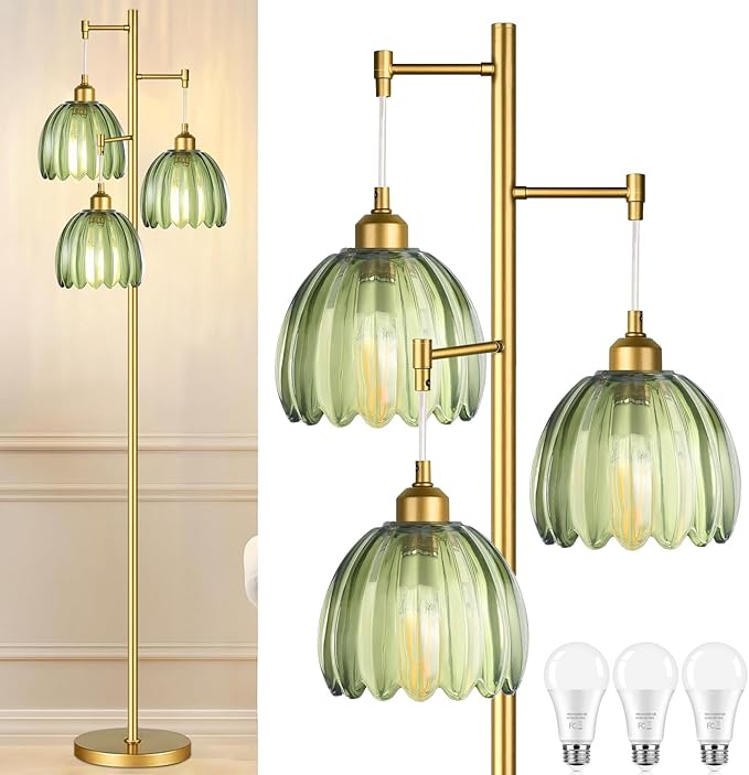 Gold Floor Lamp for Living Room,Bedroom,Mid Century Modern Standing Lamp Brass Tree 3 Light Tall Floor Lamps Vintage Retro Floor Lights Glass Green Flower Lamp Shade Farmhouse Boho Bohemian-HomvellaHome