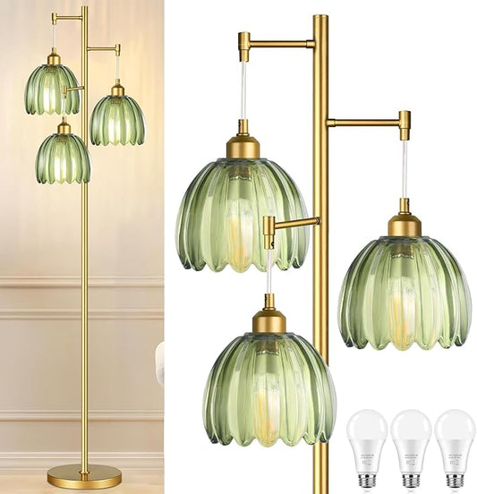 Gold Floor Lamp for Living Room,Bedroom,Mid Century Modern Standing Lamp Brass Tree 3 Light Tall Floor Lamps Vintage Retro Floor Lights Glass Green Flower Lamp Shade Farmhouse Boho Bohemian-HomvellaHome